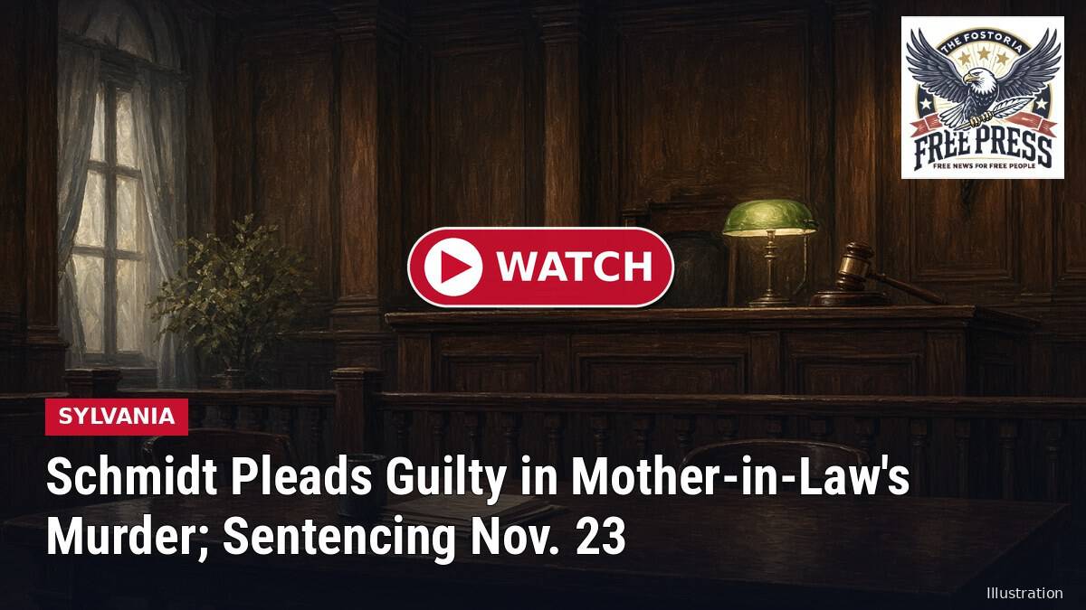 Illustration of an empty wood-paneled courtroom, with headline: Schmidt Pleads Guilty in Mother-in-Law Murder